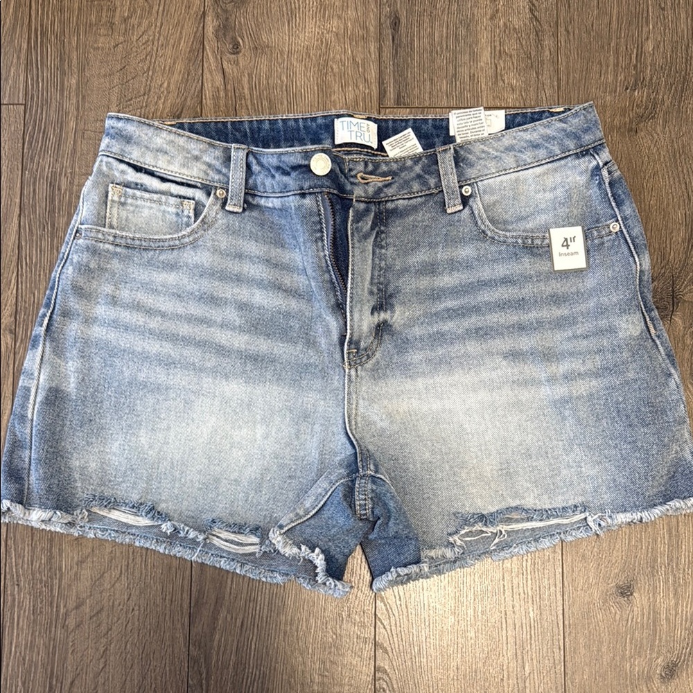 Time and Tru Blue Jean Shorts with Distressed Frayed Hem